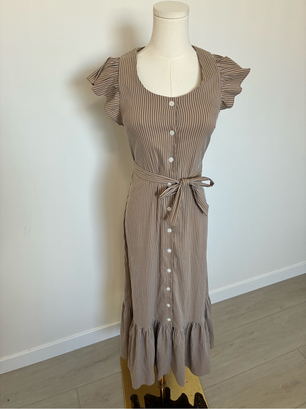 No. 6 Store Taupe Striped Button-Front Midi Dress